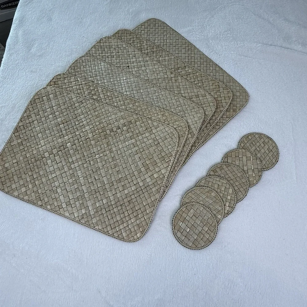 Vintage Indonesian Batik Placemats Coasters Set 12 Woven Rattan Boho Green Set